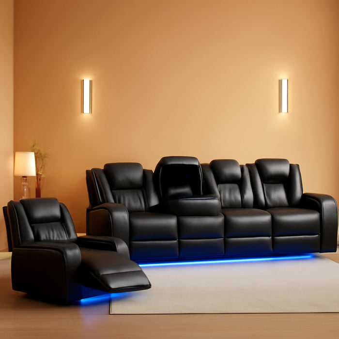 3-Piece Power Reclining Sectional Sofa Set with LED Lights,Air Leather Recliner Couch with USB Power Port,Storage Console/Cup Holder,Recliner Sofa Set for Living Room Furniture,Black
