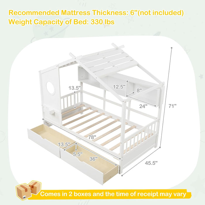White Twin Size Wooden House Bed TwoUnderbedStorageDrawers