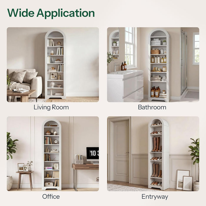 70.7'' Arched Bookcase, Modern Bookcase, Narrow Bookcase with Open Shelves, 8-Tier Tall Arched Bookshelf with Adjustable Shelves for Living Room, Home Office, White WT438SJ01