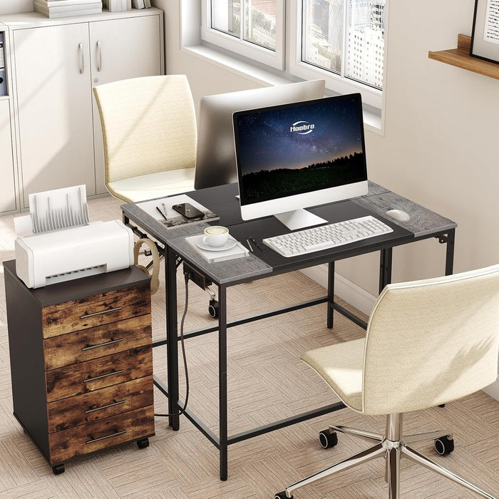 Computer Desk, Home Office Desk with Power Outlet, Modern Study Writing Desk with 3 Hooks for Study Room, Home Office, Sturdy and Stable, Easy to Assemble, Charcoal Gray and Black BC41UDN01