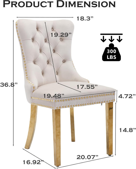 Velvet Dining Chair Set of 2 Upholstered Tufted Dining Room Chair with Nailhead Trim and Stainless Steel Gold Plated Legs for Kitchen, Restaurant, Beige