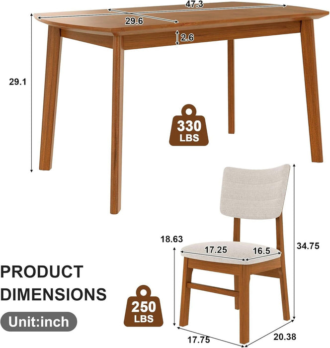5 Piece Solid Wood Dining Table Set, Farmhouse Mid-Century Modern Table & 4 Upholstered Chairs for Home, Kitchen, Apartment, Space Saving, Brown+Biege
