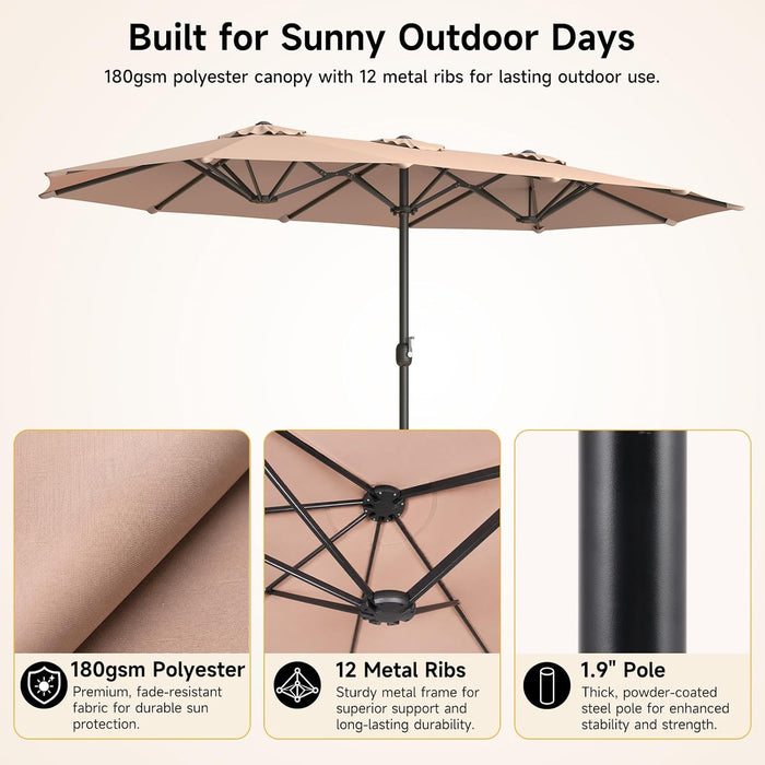 15Ft Patio Umbrella with Base Included, Extra Large Shade Area, Double Sided Rectangle with Crank Handle for Poolside, Garden, Yard, Beige
