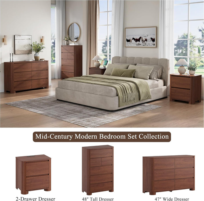 Walnut Dresser for Bedroom with 6 Drawers, 47" W Modern Chest of Drawers with Unique Thickened Foot, Rounded Corner Design, Wooden Dresser Organizer for Bedroom, Living Room, Hallway