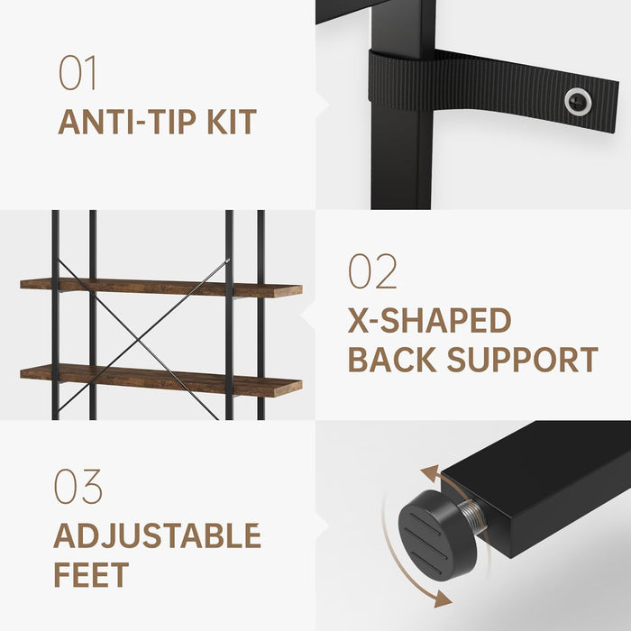 Heavy Duty 4-Tier Industrial Bookcase, 47" Wide Wood Bookshelf for Home Office, 120Lbs Shelf Capacity, Rustic Open Shelving Display with Reinforced Horizontal Shelf for Living Room Bedroom