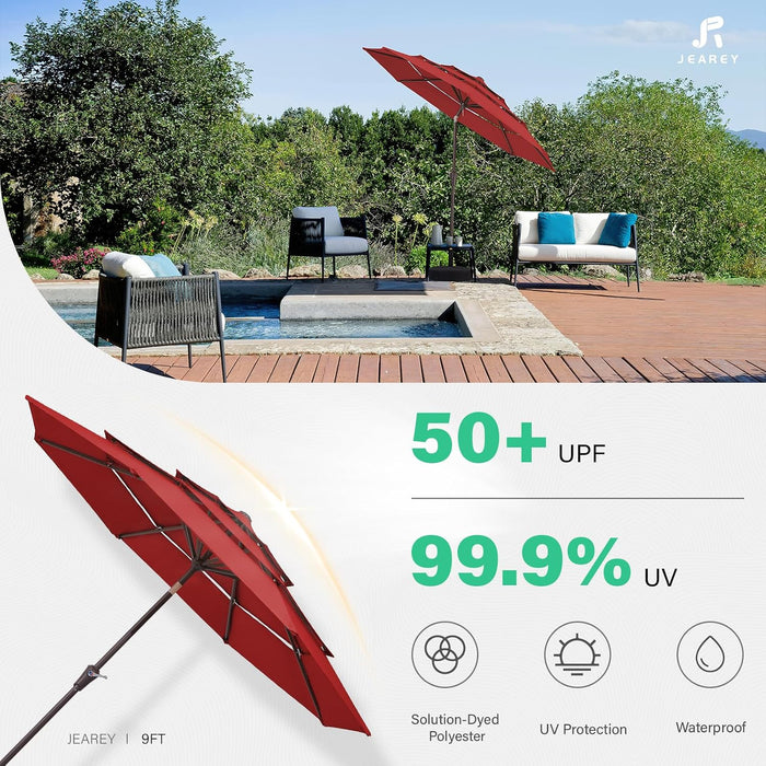 3 Tier 9 Ft Outdoor Patio Umbrella with Tilt and Crank, Red