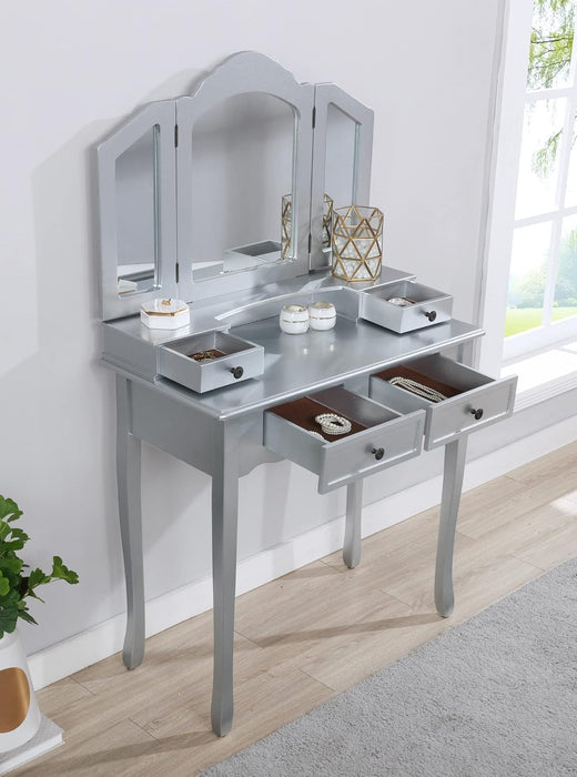Handcrafted Silvered Wooden Vanity With Mirror Stool
