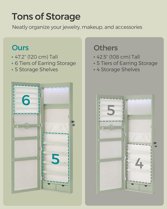 6 Leds Mirror Jewelry Cabinet, 47.2-Inch Tall Lockable Wall or Door Mounted Jewelry Armoire Organizer with Mirror, 2 Drawers, 3.9 X 14.6 X 47.2 Inches, Laurel Green UJJC093C01