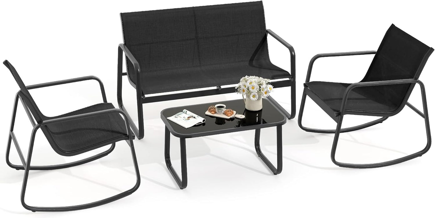 4 Piece Patio Furniture Set, Small Backyard Bistro Rocking Chairs, Loveseat and Glass Table, Textilene Outdoor Conversation Set for Lawn, Garden, Balcony, Poolside (Black)