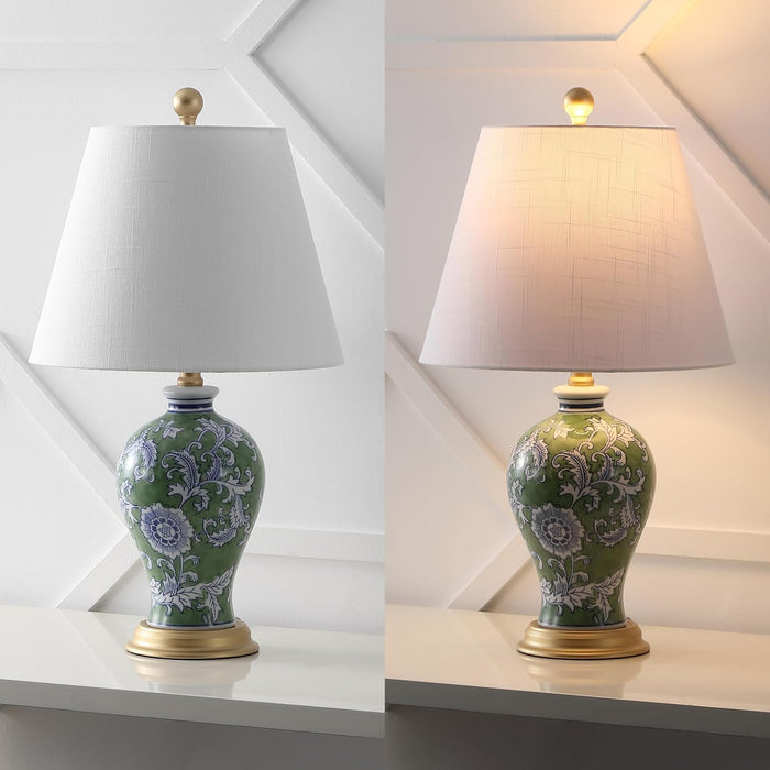 Grace 24" French Country Floral Urn Ceramic Lamp, Green/White