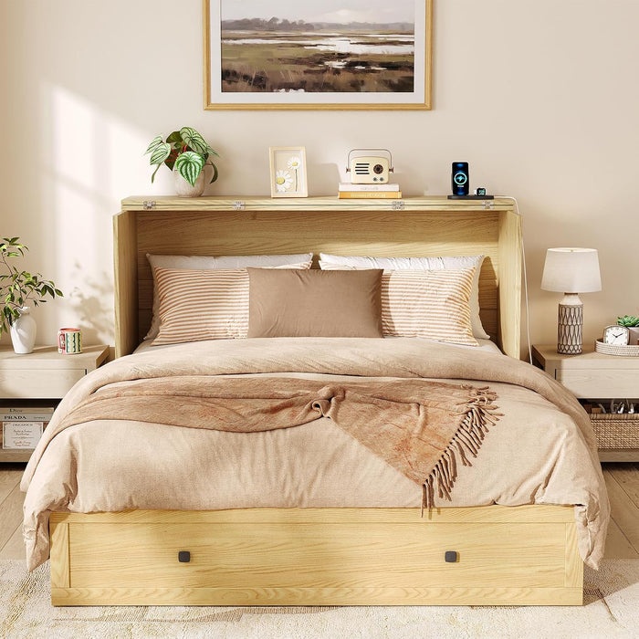 Murphy Bed Queen with Storage & Charging Station, Murphy Cabinet with Foldable Panel, Noisy Free, for Guest Bedroom, Living Room, Office, Distressed,Natural