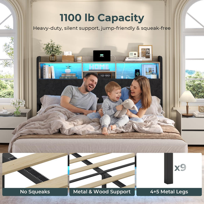 Queen Bed Frame with 4 Storage Drawers, 2 Footboard Cubbies and RGB Lights, Corduroy Upholstered Platform Bed with Charging Station and Storage Headboard, No Box Spring Needed, Black