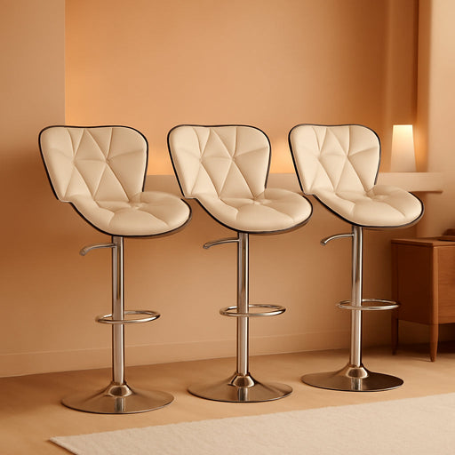 Shell Back Adjustable Swivel Bar Stools, PU Leather Padded with Back, Set of 3 (Beige)