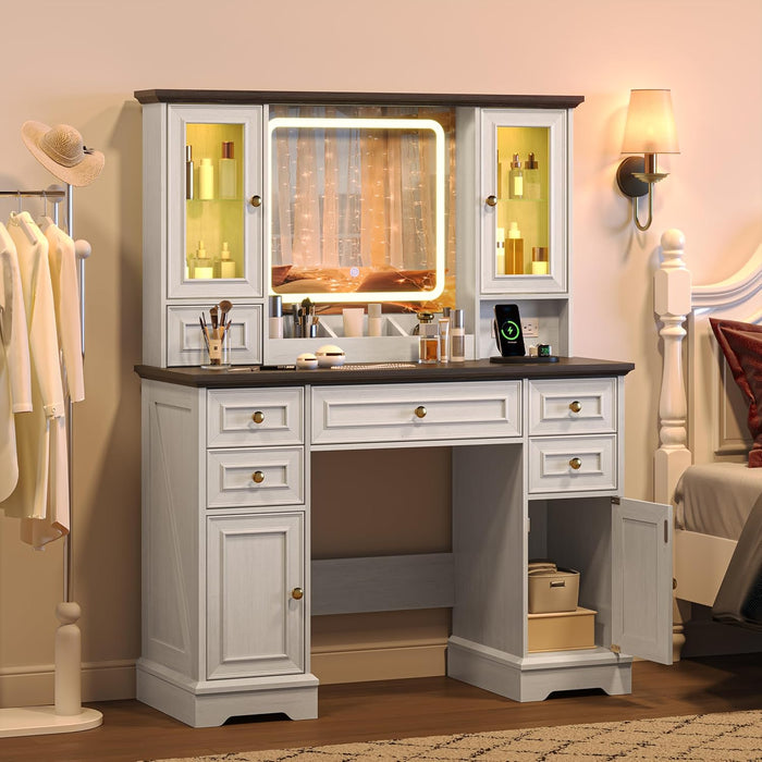 White Farmhouse Vanity Desk With Illuminated Mirror