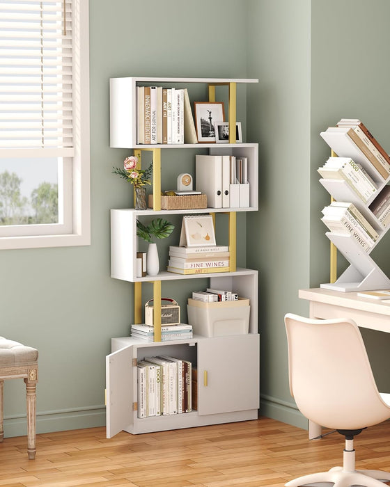 Geometric Bookcase with Cabinet, S Shaped Bookshelf 5-Tier Book Shelves for Bedroom, Modern Wood Decorative Display Shelf Tall Book Case for Home Office, Gold and White