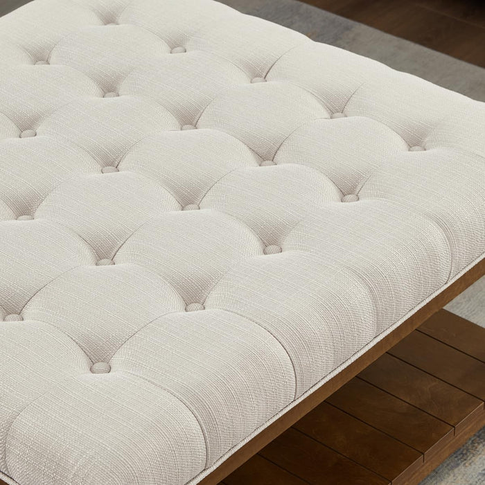 Upholstered Square Coffee Table with Wooden Shelf, Tufted Button Large Square Ottoman with Spindle Wooden Legs, Linen Large Footrest Ottoman Pouf for Living Room, Ivory