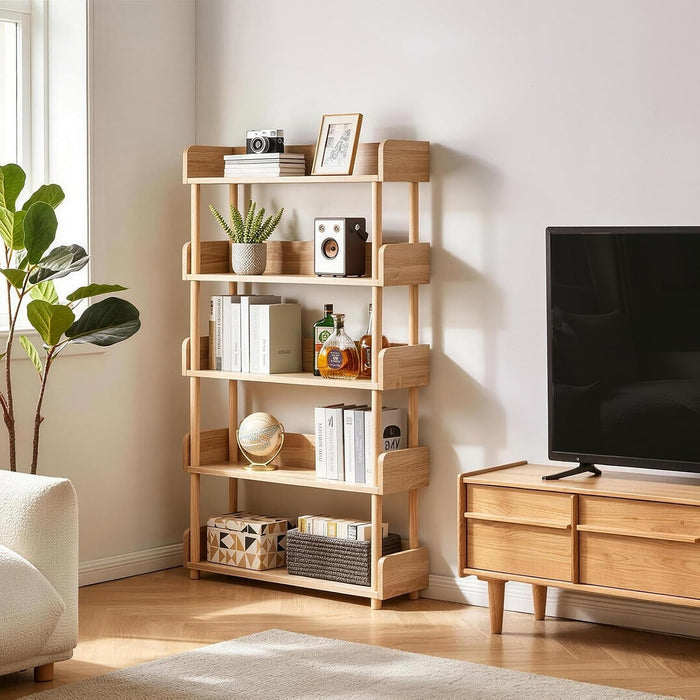 5 Tier Bookshelf, Free Standing Wooden Bookcase with Open Storage Shelves, Sturdy Shelf Organization Display Rack for Living Room, Bedroom, Home Office, Oak Color YD-BC006R