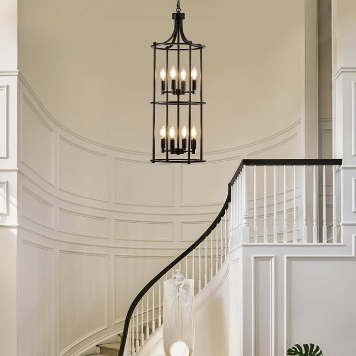 Foyer Chandeliers for High Ceilings, Lantern Tiered Black Chandelier Light Fixture Metal Modern Farmhouse Pendant Lights for Kitchen Island Entryway, Staircase, Living Room, Dinning Room