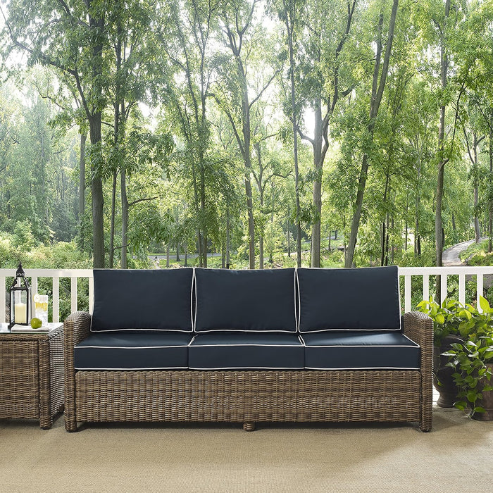 Bradenton Wicker Outdoor Sofa, 3-Person Patio Couch for Porch, Deck, Backyard, Brown with Navy Cushions