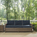 Bradenton Wicker Outdoor Sofa, 3-Person Patio Couch for Porch, Deck, Backyard, Brown with Navy Cushions