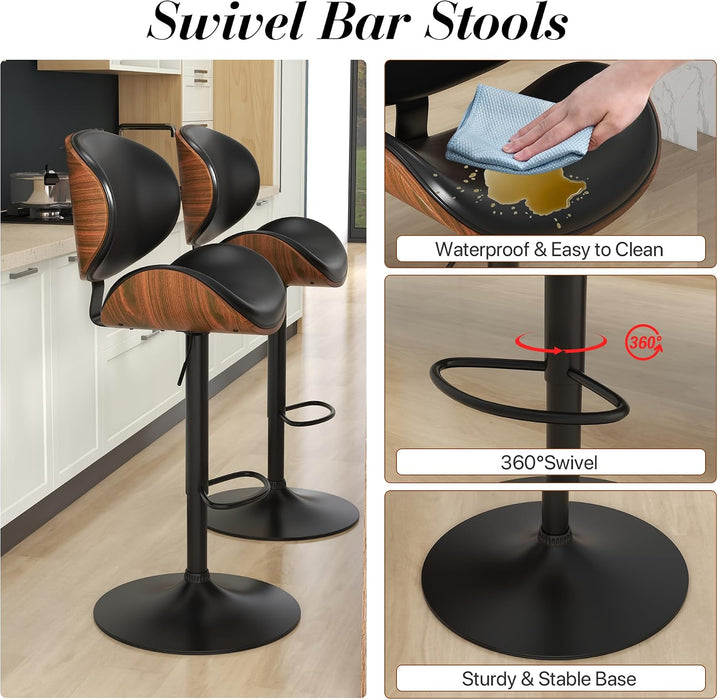 Bar Stools for Kitchen Swivel Bentwood Barstools,Set of 2,Black PU | Modern PU Leather Upholstered Bar Chairs with Footrest, Bentwood Bar Stool for Kitchen, Bar, Dining Room