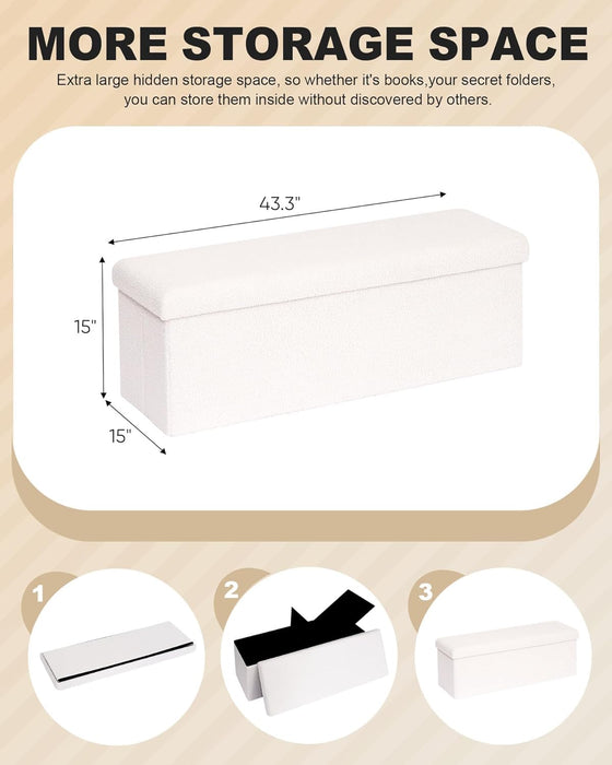 Small Storage Ottoman Cube Sherpa Ottomans Foot Rest, Foldable Boucle Ottoman Bench, Faux Teddy Fur, Cream White 43.3"X15"X15"