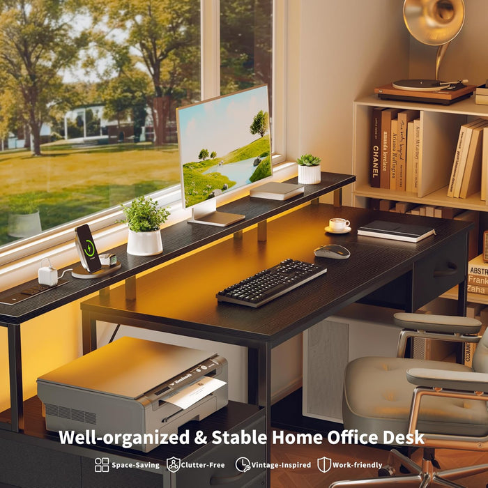 55" Computer Desk with File Drawer, Printer Space, Dark Black