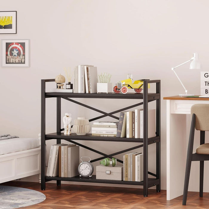 3 Tier Bookshelf 31.49" Width, Wood and Metal Etagere Bookcase, Vintage Farmhouse Modern Wooden Big Book Shelf for Home Living Room Bedroom Office Storage(Black)