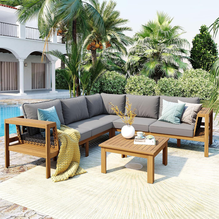 4 Pieces Patio Furniture Set, Outdoor L-Shaped Sectional Sofa Set with Coffee Table, Acacia Wood Conversation Seating & Thick Cushions and Side Table, for Backyard, Garden and Poolside, Grey