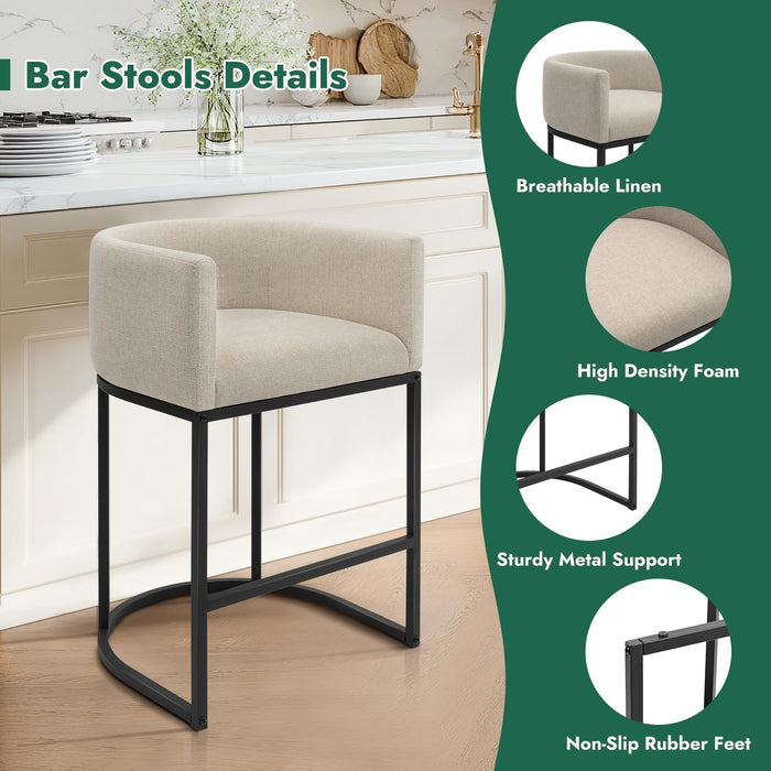Counter Height Bar Stools Set of 2, 24 Inch Seat Height Barstools for Dining Room, Fabric Upholstered Bar Chair for Kitchen Island, Linen Counter Stools with Metal Legs, Beige