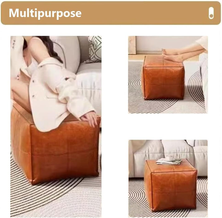 Faux Leather Pouf Cover,Unstuffed Pouf Ottoman Round,Φ19.7X13.7 Mid-Century Moroccan Large Floor Storage Foot Rest Bean Bag for Living Room Bedroom,Brown