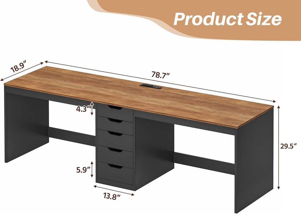 2 Person Desk with 5 Drawers and Power Outlets, 78.7 Inch Long Computer Desk with Storage File Cabinet, Two Person Home Office Double Desk with Storage, Brown and Black