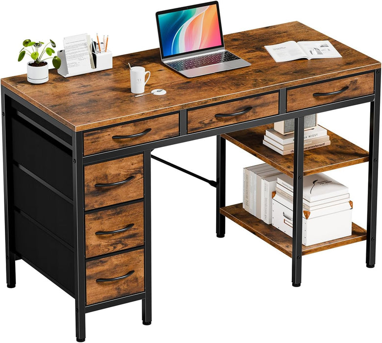 47" Computer Desk with 6 Drawers, Home Office Gaming Desks with Storage Shelves for Bedroom, Writing Study Corner Living Room Work Table Brown