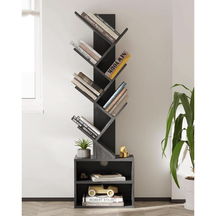 6 Tier Tree Bookshelf, Small Bookcase with Storage Cabinet, Modern Narrow Bookshelves Organizer, Floor Standing Book Shelf for Bedroom/Living Room/Home Office/Corner, Black