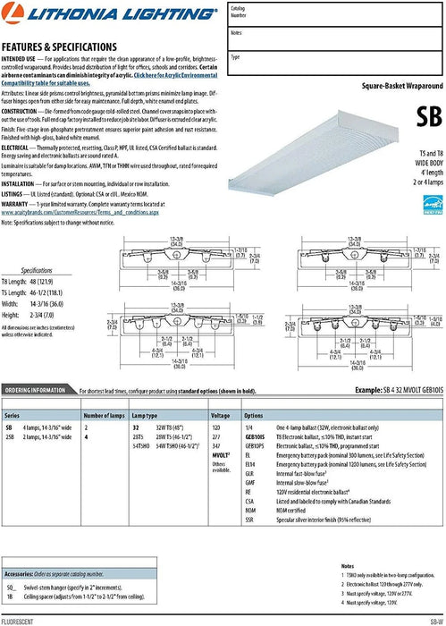 SB4321201/4GESB 4' Bulb T8 Fluorescentwraparound Ceiling Light Fixture (Bulb Not Included)