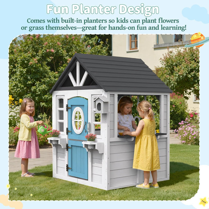 Kids Playhouse – Outdoor & Indoor Playset, Modern White Cedar Wooden Playhouse for Ages 3–8 with Split Dutch Door, Functional Kitchen Set (Includes Stove, Sink), Interactive Doorbell (White)