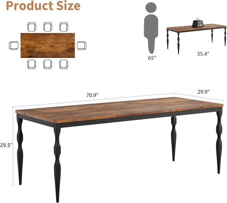 71 Inch Farmhouse Dining Table for 6-8 People, Rectangular Wood Kitchen Table with Heavy Duty Legs, Kitchen Dining Room Table for Dining Room Kitchen, Brown