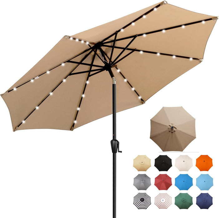 9' round Patio Umbrella with 32 Solar Powered LED Lights, Push-Button Tilt and Hand Crank Lift, Solar Umbrella in Taupe for Porch, Deck, and Patio by