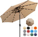 9' round Patio Umbrella with 32 Solar Powered LED Lights, Push-Button Tilt and Hand Crank Lift, Solar Umbrella in Taupe for Porch, Deck, and Patio by