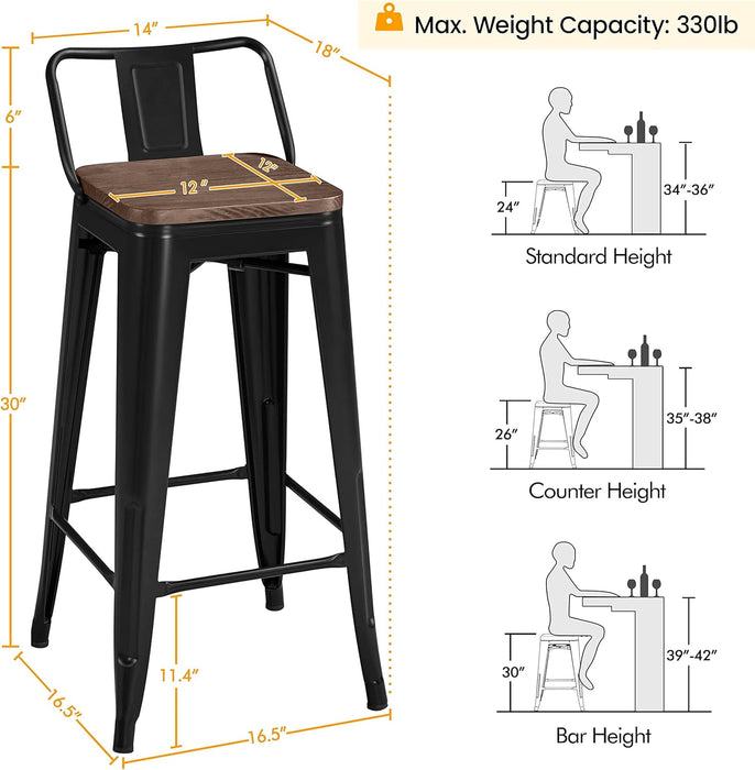 30" Metal Barstools Set of 4 Bar Height Bar Stools with Wooden Top Low Back Industrial Bar Stools Metal Stool for Indoor-Outdoor Counter Stools with Wooden Seat Matte Black