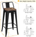 30" Metal Barstools Set of 4 Bar Height Bar Stools with Wooden Top Low Back Industrial Bar Stools Metal Stool for Indoor-Outdoor Counter Stools with Wooden Seat Matte Black