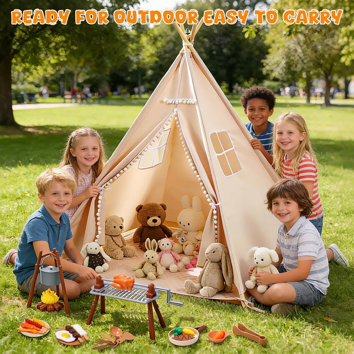 Teepee Tent for Kids with BBQ Pretend Play Toys, Spacious 60” Kids Play Tent Indoor & Outdoor, Foldable Playhouse with Mat & Star Lights, Washable Camping Toys Gift for Boys & Girls Ages 3–8