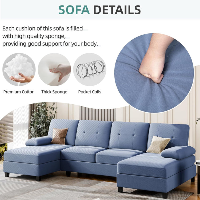 Sectional Sofa Couches for Living Room, U Shaped Sofa Living Room Furniture Sets, 4 Seat U Shaped Sofa Sectional Couch with Chaise, Blue