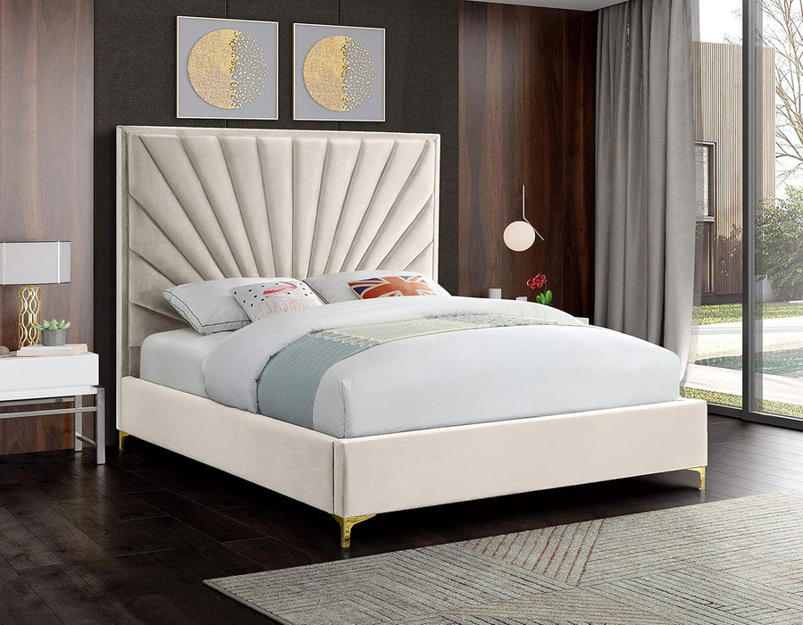 Eclipse Collection Modern | Contemporary Velvet Upholstered Bed with Channel Tufted Design and Complete Sets of Gold and Chrome Legs Included, Queen, Cream
