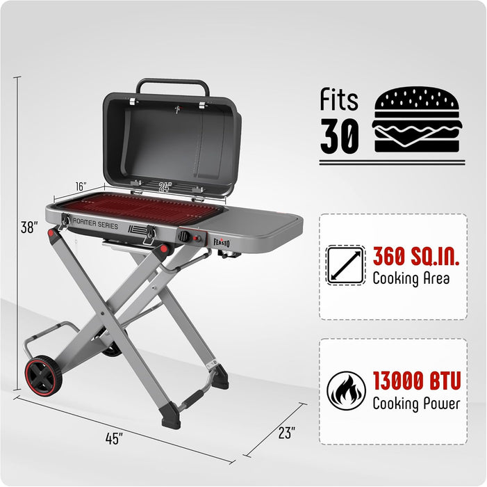Portable Propane Gas Grill with Folding Cart & 13000 Btus Burner, 360 Sq. In. Cast Iron Cooking Grates, Side Table, 8" Wheels, Stainless Grease Tray for Outdoor BBQ, Camping & Tailgating, Black