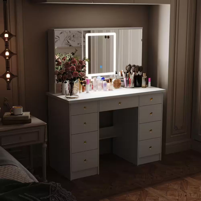 White Modern Makeup Vanity Desk 9 Drawers Wood Dressing Table with 3 Mirrors, Hidden Storage Shelves, LED Lighted