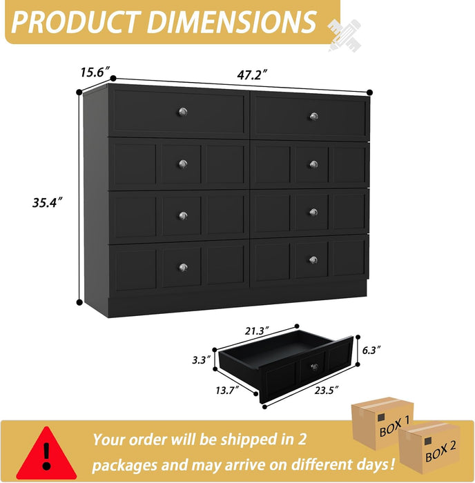8 Drawer Dresser for Bedroom: 47" Black Chest of Drawers with Deep Drawers