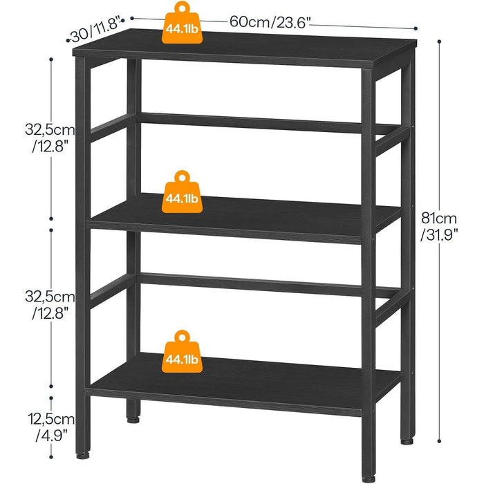 3 Tier Bookshelf, Industrial Bookcase, Record Storage Rack with Side Fence, Wood Storage Shelf with Metal Frame, Rustic Open Display Shelf for Living Room, Bedroom, Black BB86CJ01