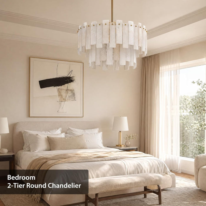 Alabaster Chandelier, 24" Spanish Alabaster round Chandeliers 2-Tier,Modern Adjustable Gold Marble Pendant Chandeliers for Dining Room, Living Room, Bedroom,Foyer,Bathroom, Included E12 Bulb