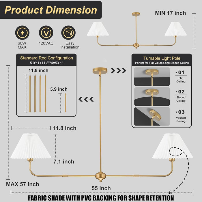 Gold Linear Chandelier, 2-Light Modern Chandelier for Dining Room Light Fixture, Dining Light Fixtures with White Fabric Shade Pendant Lights Kitchen Island for Restaurant, Living Room, Bedroom